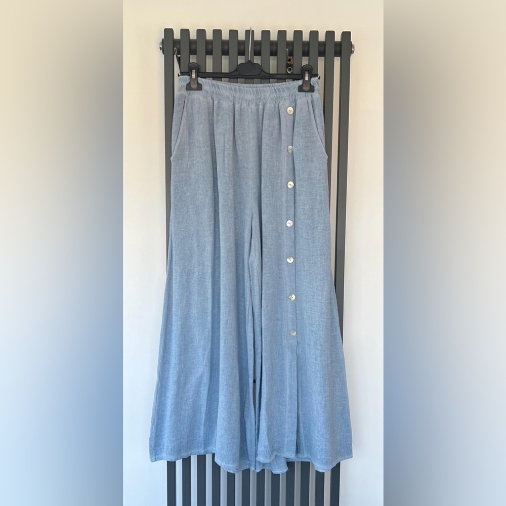 Meo Meli Made in Italy 100% Linen Stylish Light Blue Wide-Leg Pants